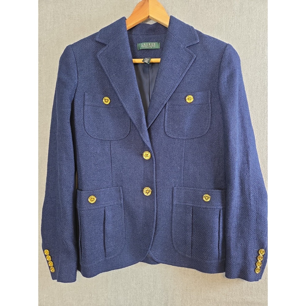 Lauren Ralph Lauren Classic Blue Blazer 6P Gold Buttons Old Money Silk Blend